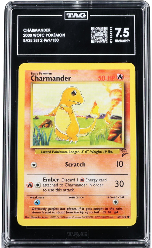 Pokemon - 2000 CHARMANDER WOTC POKÉMON #69/130 BASE SET 2 TAG 7.5