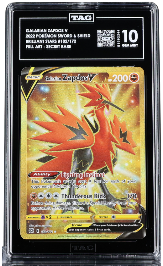 Pokemon - 2022 GALARIAN ZAPDOS V POKÉMON SWORD & SHIELD #182/172 BRILLIANT STARS FULL ART - SECRET RARE TAG 10