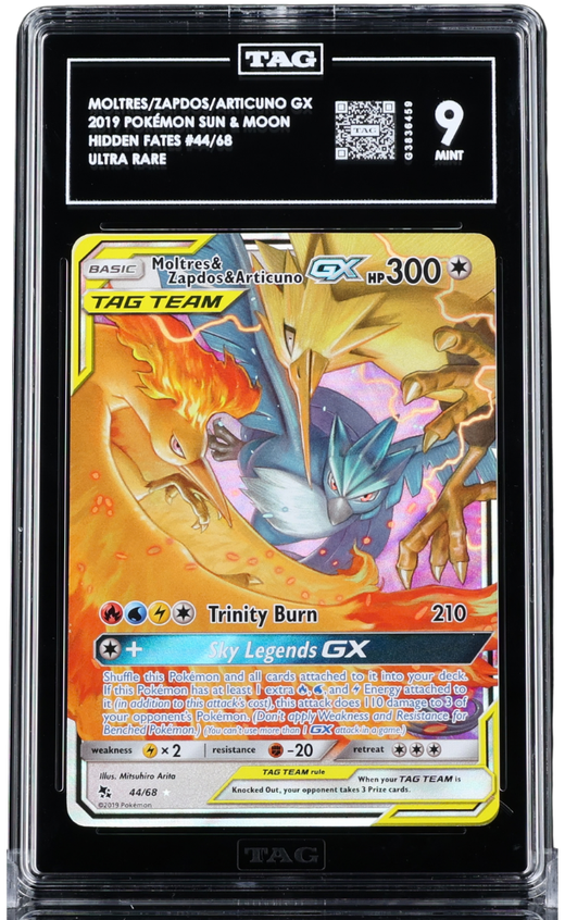 Pokemon - 2019 MOLTRES/ZAPDOS/ARTICUNO GX POKÉMON SUN & MOON #44/68 HIDDEN FATES ULTRA RARE TAG 9