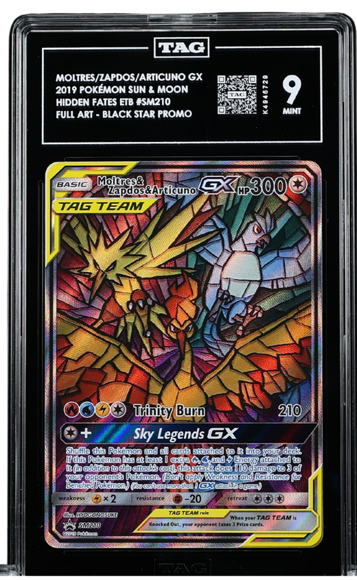 Pokemon - 2019 MOLTRES & ZAPDOS & ARTICUNO GX POKÉMON SUN & MOON BLACK STAR PROMOS #SM210 HIDDEN FATES ELITE TRAINER BOX FULL ART TAG 9